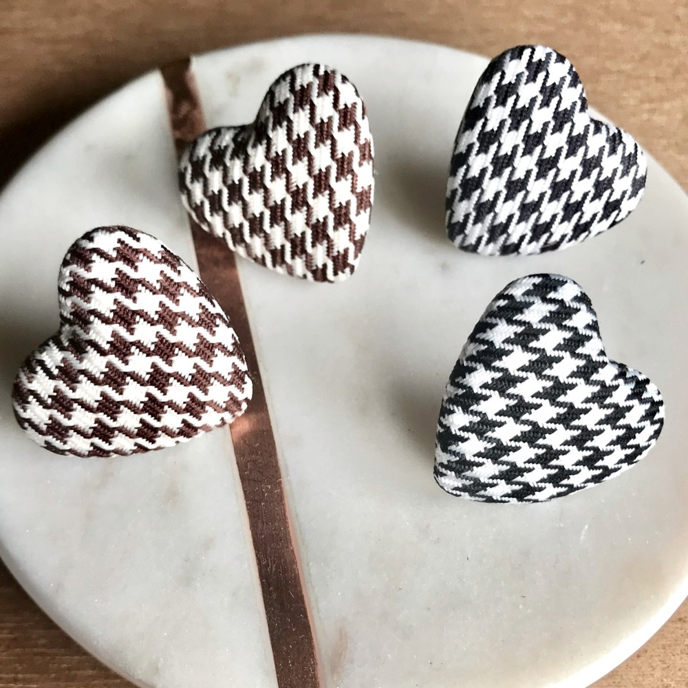 Black & White or Brown & White Houndstooth Heart Stud Earrings NWT